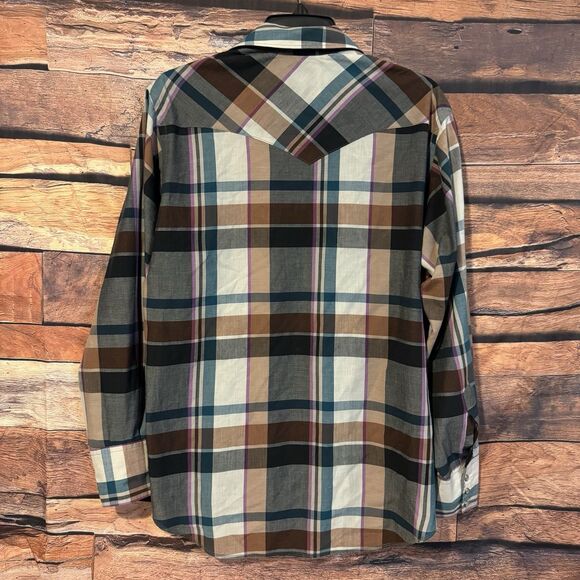 Wrangler Men's 15 - 34 Western Pearl Snap Plaid Shirt Long Sleeve Brown Blue - Picture 6 of 9